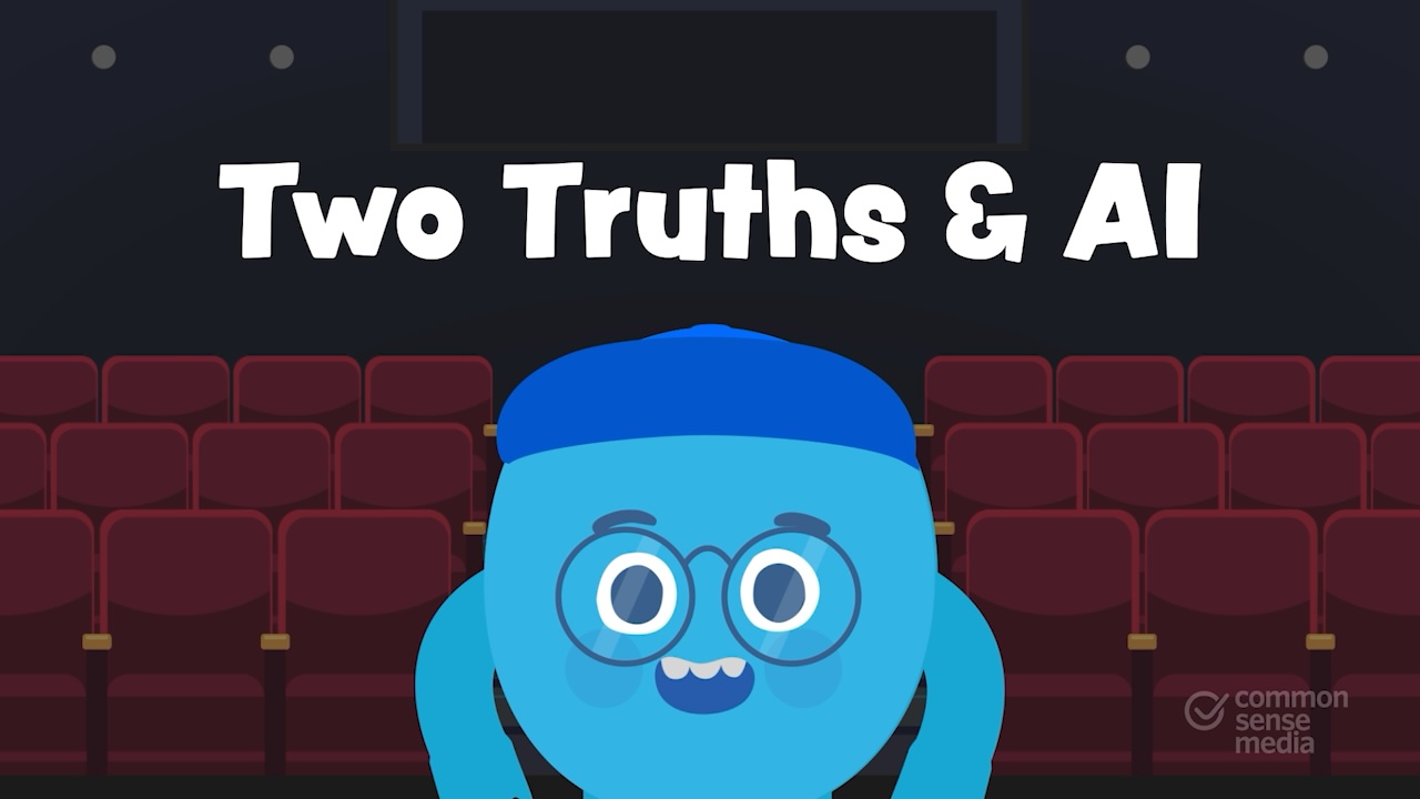 An image of a blue monster with glasses and a blue cap in a movie theatre with the text Two Truths and AI 